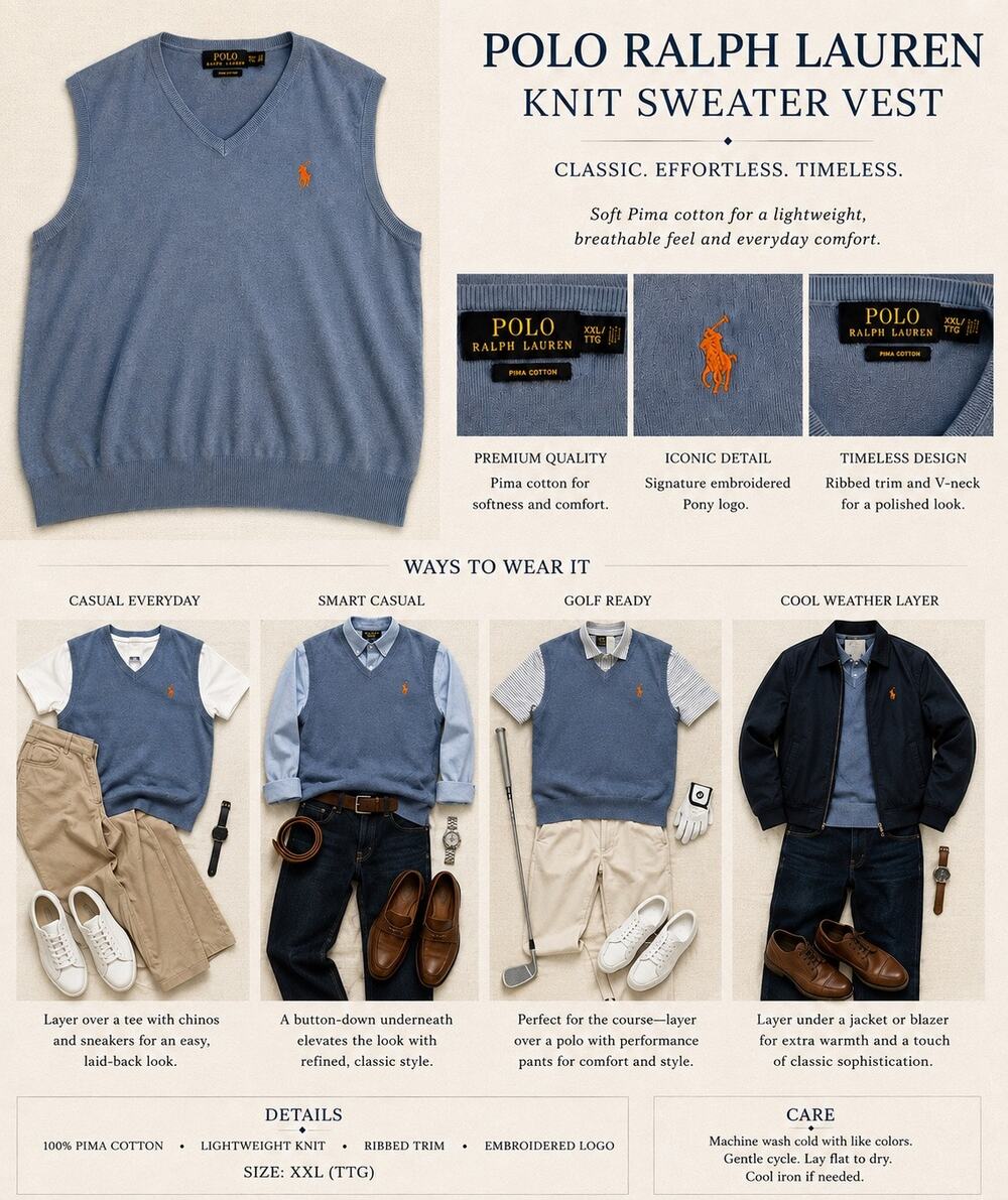 Polo Ralph Lauren Pima Cotton Sweater Vest Blue V Neck XXL Men’s Knit